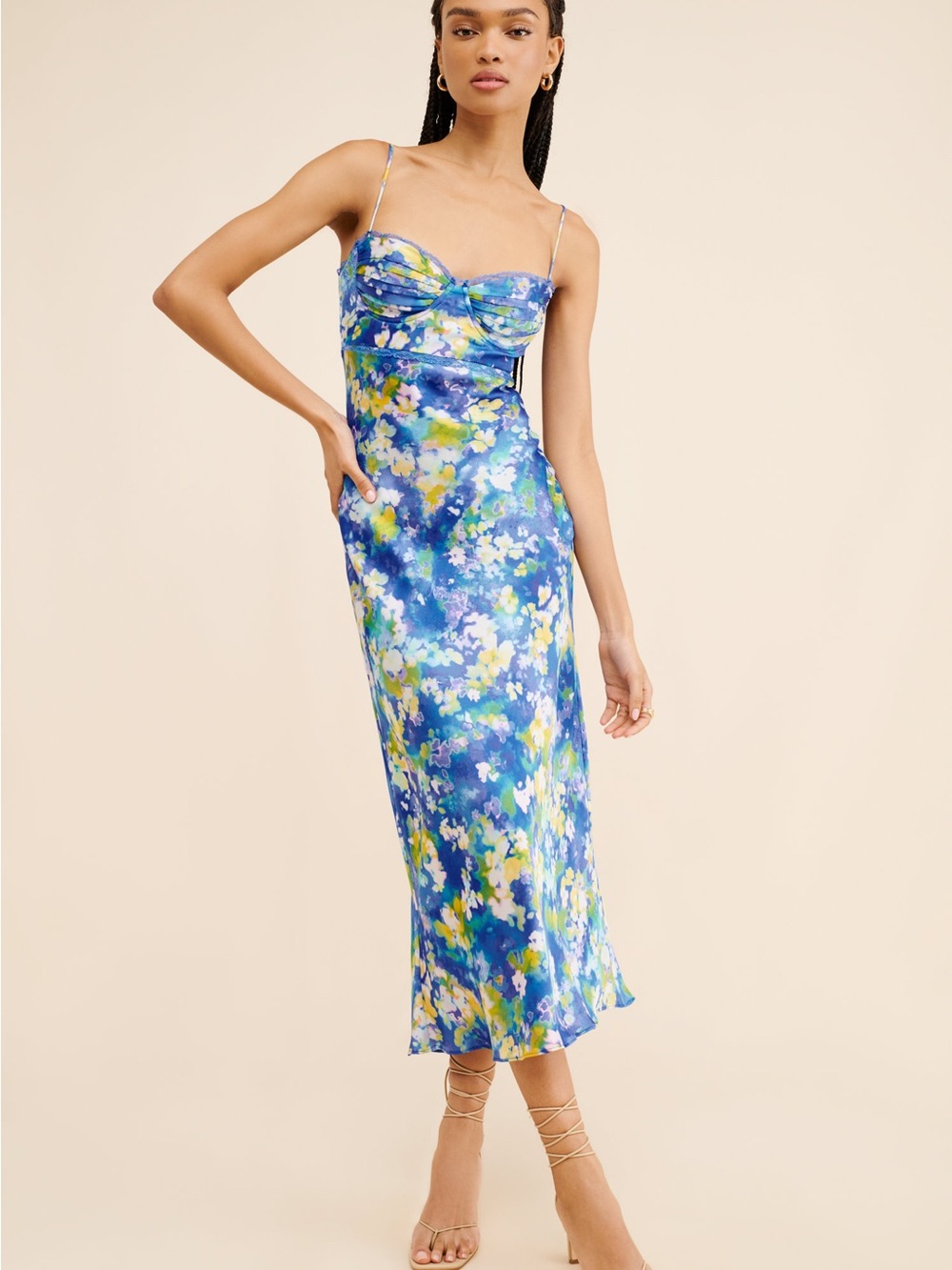 ASTR revolve Floral Blue Satin Slip Dress with Spaghetti Straps - S